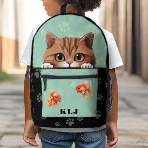 Cute Monogram Initials Kids Cat Printed Backpack