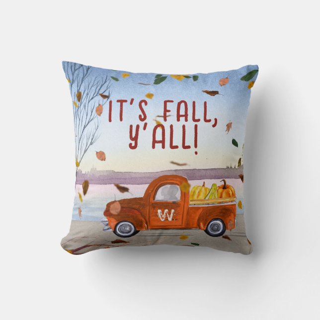 Cute Monogram It's Fall Y'all Orange Truck Pumpkin Cushion (Front)