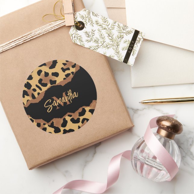 Cute Monogram Leopard Print Classic Round Sticker (Gifting)