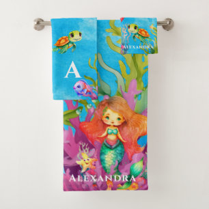 Cute Monogram Mermaid Sea Turtle Dolphin Bath Towel Set