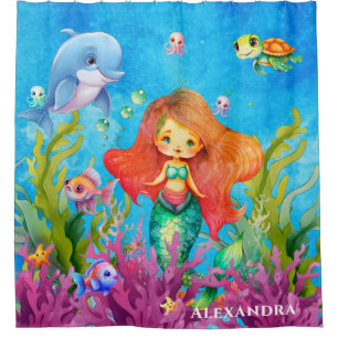 Cute Monogram Mermaid Sea Turtle Dolphin Shower Curtain