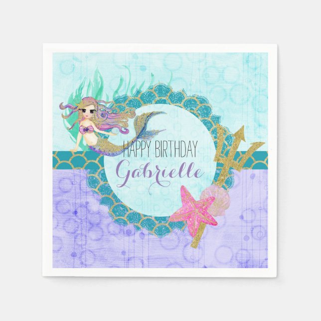 Cute Monogram Mermaid Teal & Purple Happy Birthday Napkin (Front)