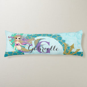 Cute Monogram Mermaid Teal & Purple Watercolor Body Cushion