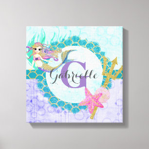 Cute Monogram Mermaid Teal & Purple Watercolor Canvas Print