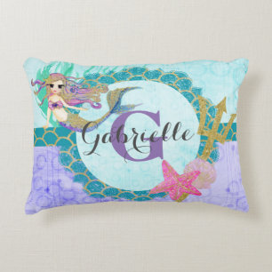 Cute Monogram Mermaid Teal & Purple Watercolor Decorative Cushion