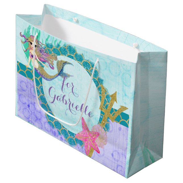 Cute Monogram Mermaid Teal & Purple Watercolor Large Gift Bag (Front Angled)