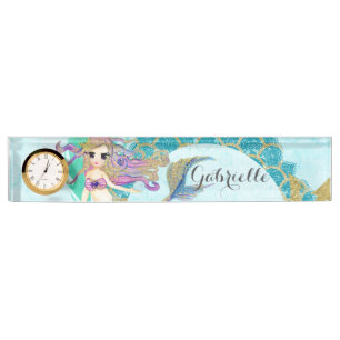Cute Monogram Mermaid Teal & Purple Watercolor Nameplate
