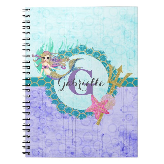 Cute Monogram Mermaid Teal & Purple Watercolor Notebook (Front)