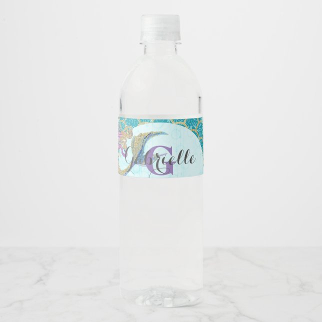 Cute Monogram Mermaid Teal & Purple Watercolor Water Bottle Label (Front)