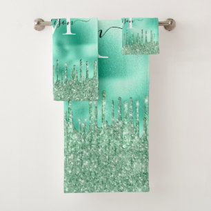 Cute Monogram Metallic Mint Green Dripping Glitter Bath Towel Set