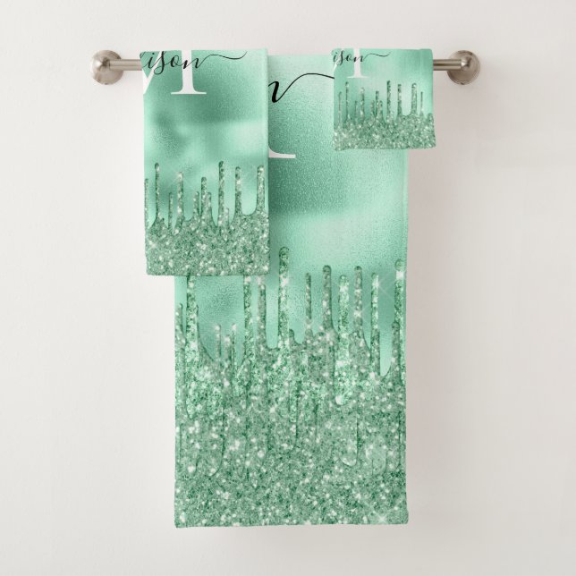 Cute Monogram Metallic Mint Green Dripping Glitter Bath Towel Set (Insitu)