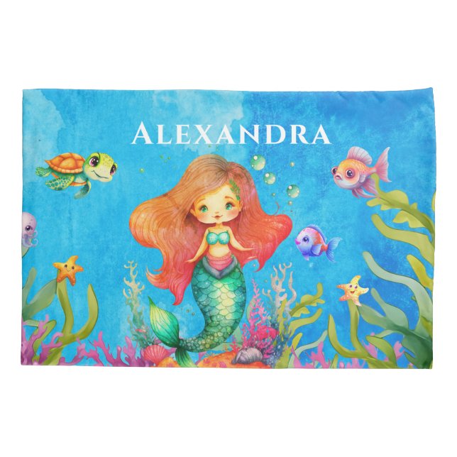 Cute Monogram Name Coastal Mermaid Pillowcase (Back)
