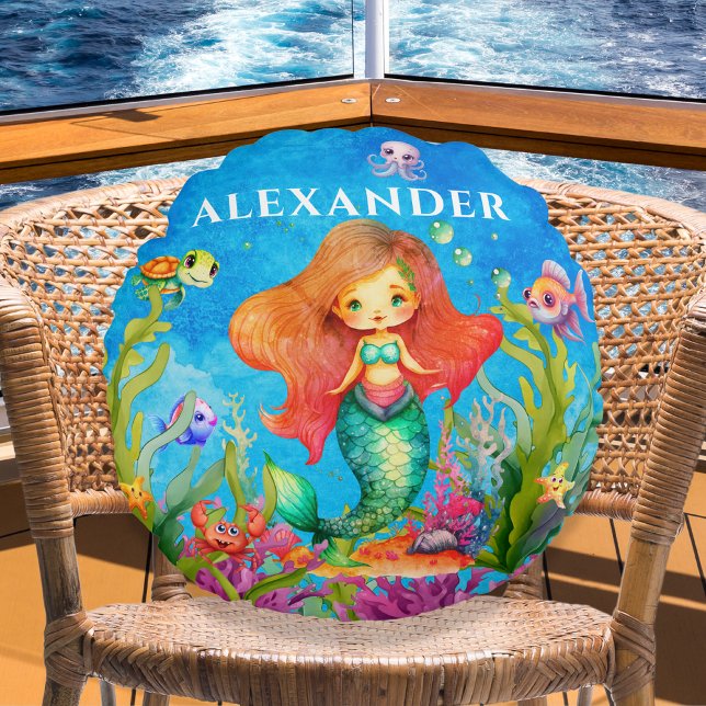 Cute Monogram Name Coastal Mermaid Round Cushion (Creator Uploaded)