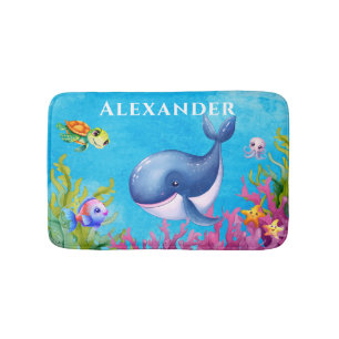 Cute Monogram Name Coastal Sea Turtle and Whale Bath Mat