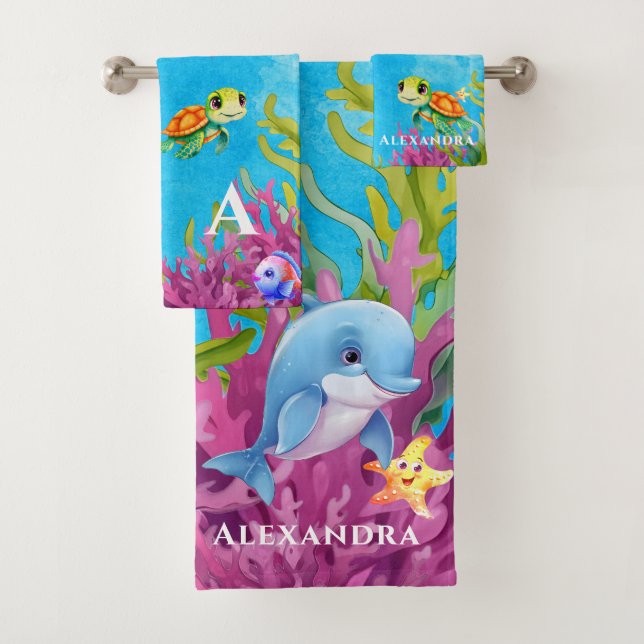 Cute Monogram Name Coastal Sea Turtle Dolphin Bath Towel Set (Insitu)
