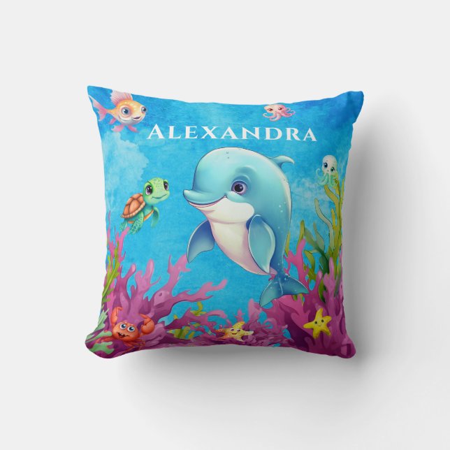 Cute Monogram Name Coastal Sea Turtle Dolphin Cushion (Front)
