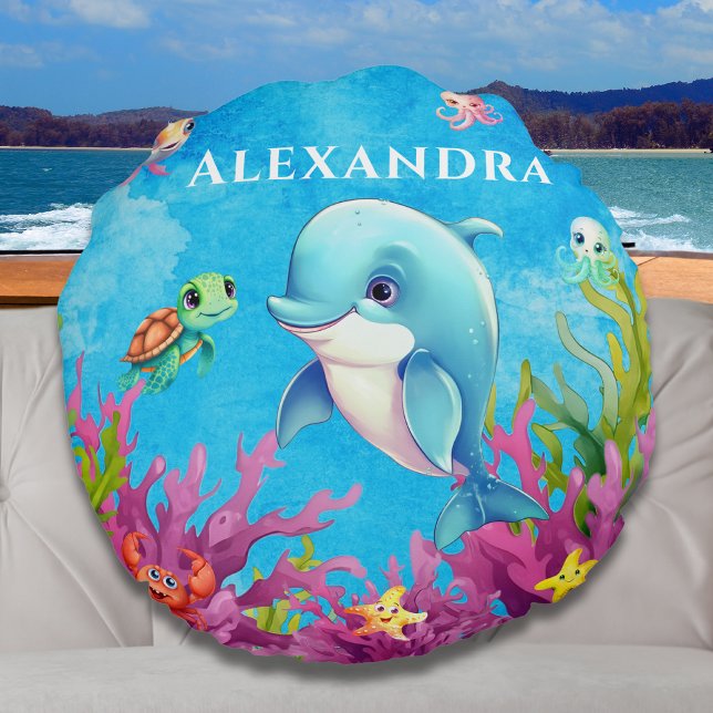 Cute Monogram Name Coastal Sea Turtle Dolphin Round Cushion (Creator Uploaded)