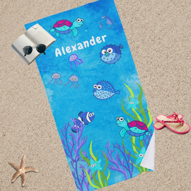 Cute Monogram Name Coastal Sea Turtle Nautical Beach Towel (Creator Uploaded)