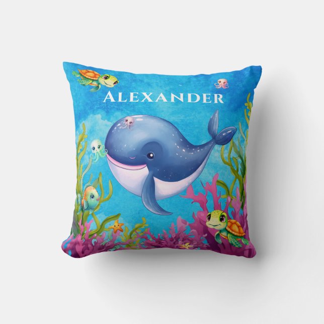 Cute Monogram Name Coastal Sea Turtle Whale Cushion (Front)