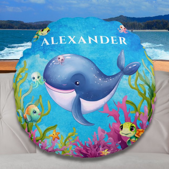 Cute Monogram Name Coastal Sea Turtle Whale Round Cushion (Creator Uploaded)