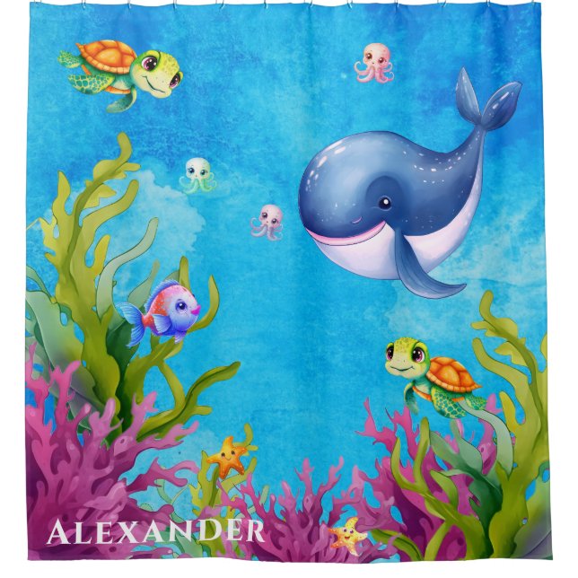 Cute Monogram Name Coastal Sea Turtle Whale Shower Curtain (Front)