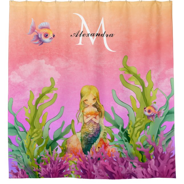 Cute Monogram Name Mermaid  Fish Pink Purple  Shower Curtain (Front)