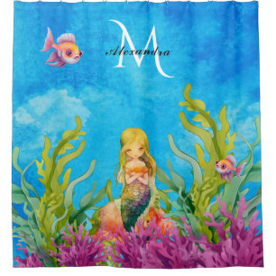 Cute Monogram Name Mermaid Ocean Bright Blue Shower Curtain