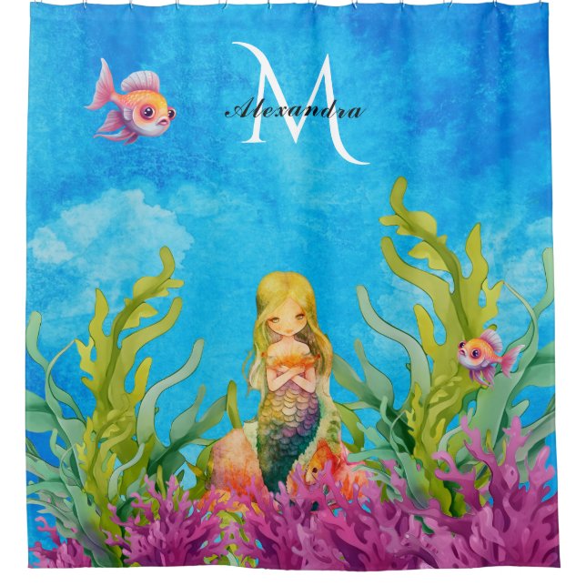 Cute Monogram Name Mermaid Ocean Bright Blue  Shower Curtain (Front)