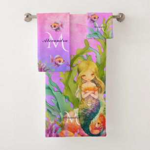 Cute Monogram Name Mermaid pink and purple Bath Towel Set