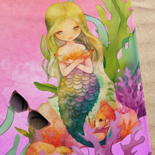 Cute Monogram Name Mermaid Pink  Beach Towel