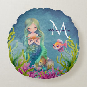 Cute Monogram Name  Mermaid Round Cushion