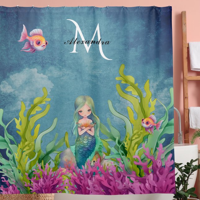 Cute Monogram Name Mermaid Shower Curtain (Creator Uploaded)
