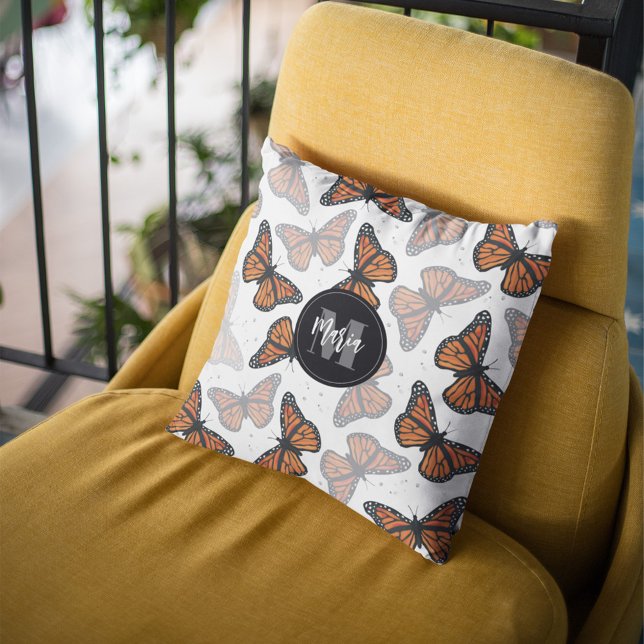 Cute Monogram Nature Butterflies Cushion (Cute monogram butterfly throw pillow with personalized nature-inspired design.)