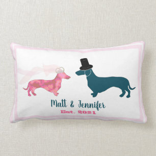 Cute Monogram Newlyweds Dachshund Dogs Pink Lumbar Cushion
