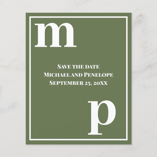 Cute Monogram Olive Green Budget Save the Date  Flyer (Front)