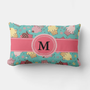 Cute Monogram Pink Teal and Yellow Cupcake Lumbar Lumbar Cushion