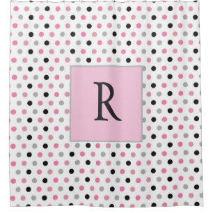 Cute Monogram Pink White and Grey Polka dot Shower Curtain
