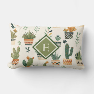 Cute Monogram Potted Plant Seamless Pattern Lumbar Cushion