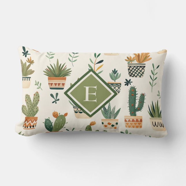 Cute Monogram Potted Plant Seamless Pattern Lumbar Cushion (Front)