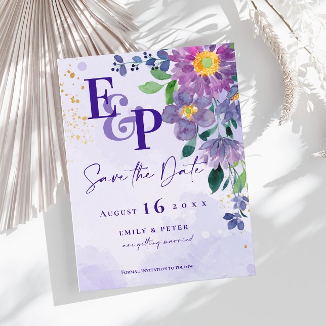 Cute Monogram Purple Floral Wedding Save The Date Postcard (Pretty Purple Blue Floral Wedding Save the Date Postcard)
