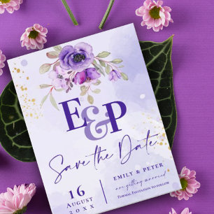 Cute Monogram Purple Floral Wedding Save The Date Postcard
