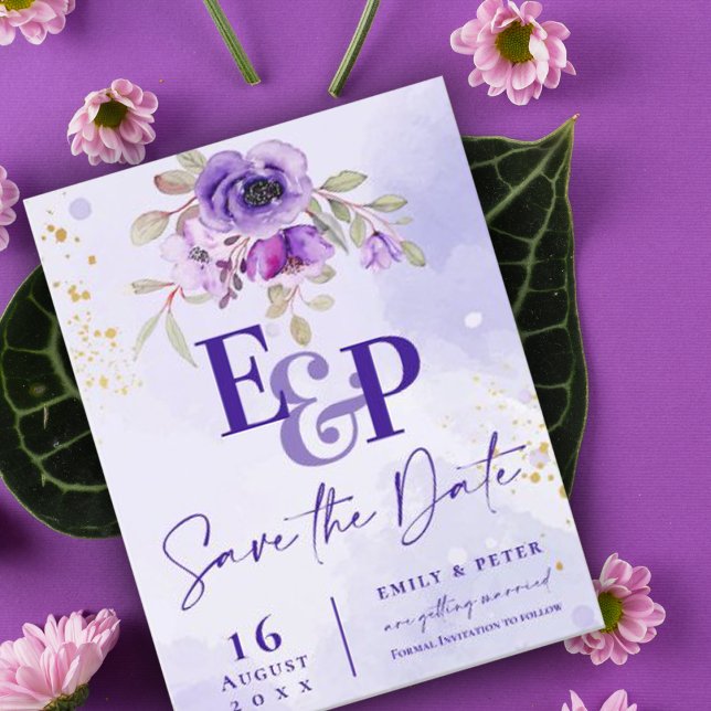 Cute Monogram Purple Floral Wedding Save The Date Postcard (Creator Uploaded)