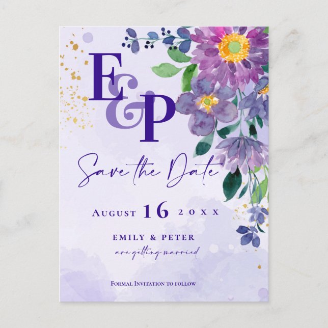 Cute Monogram Purple Floral Wedding Save The Date Postcard (Front)