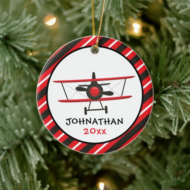 Cute Monogram Red Aeroplane Stripe Christmas Ceramic Ornament (Tree)