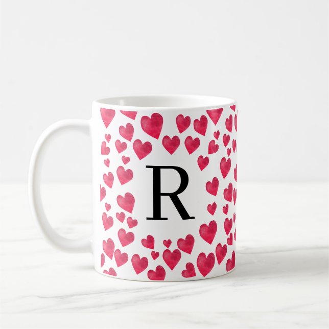 Cute Monogram Red Hearts Custom Monogram Coffee Mug (Left)