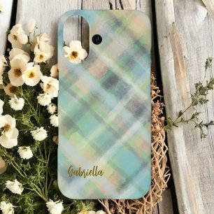 Cute monogram script plaid teal yellow grey green iPhone 16 case