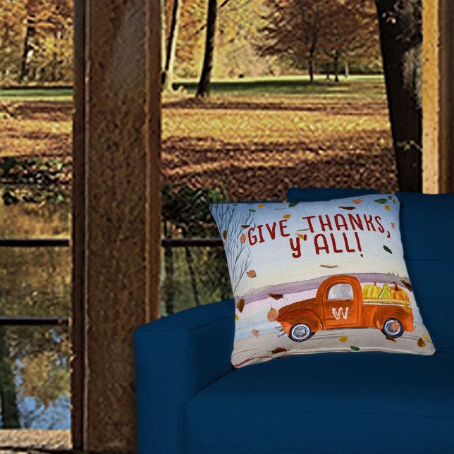 Cute Monogram Thanksgiving Orange Truck Pumpkins Cushion (Creator Uploaded)