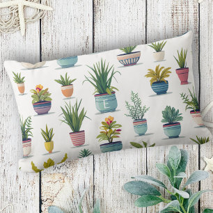 Cute Monogram Watercolor Pot Plants  Lumbar Cushion