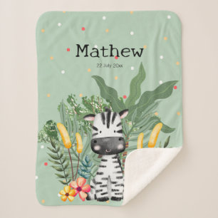 Cute monogram Zebra in the jungle l Greenery Sherpa Blanket