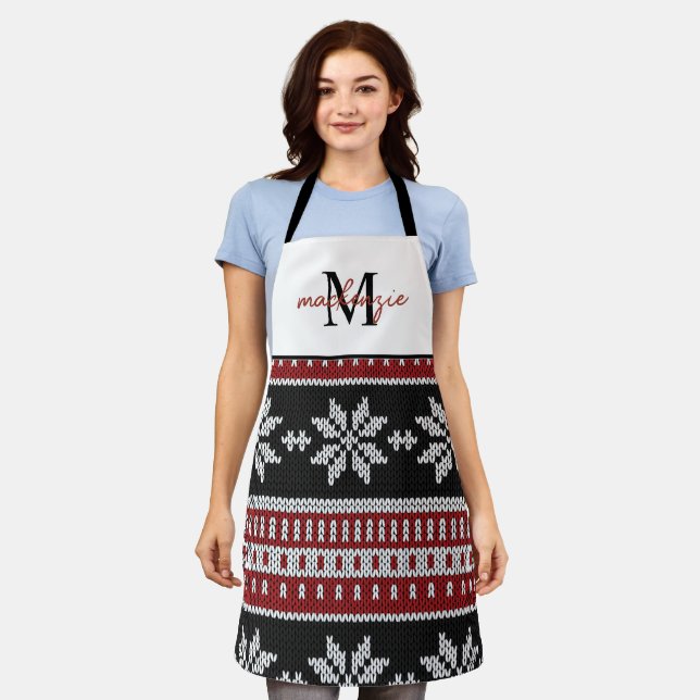 Cute Monogrammed Christmas Sweater Pattern  Apron (Worn)